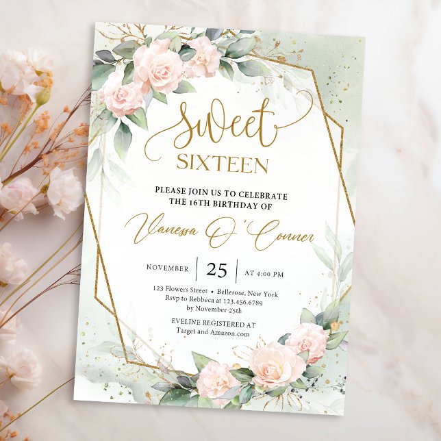 Eleganter bohischer Rotzunge Rose und Eukalyptus-G Einladung (Soft pastel pink roses greenery and gold frame sweet sixteen invitation template)