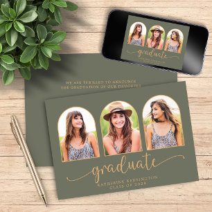 Eleganter Boho Arch Green Gold 3 Foto Abschluss Einladung