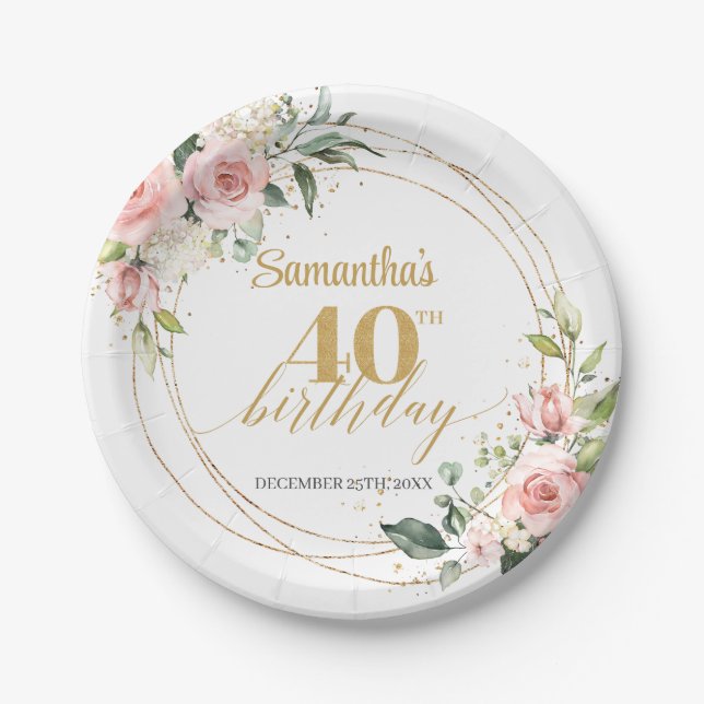 Eleganter boho blush blumengold Glitzer Geburtstag Pappteller (Vorderseite)