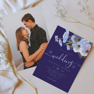 Eleganter Boho-Chic-Blumenblauer Hochzeitsfoto Einladung