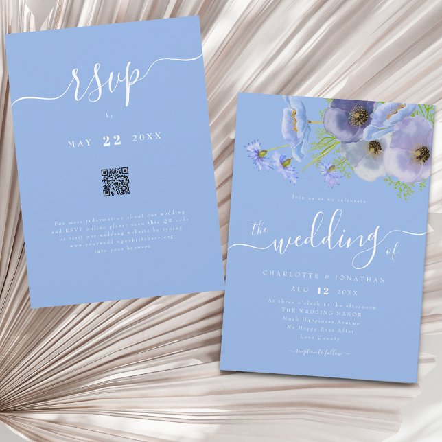 Eleganter Boho-Chic-Blumenhochzeits-QR-Code in Bla Einladung (Elegant whimsical script watercolor wildflower floral bouquet blue wedding qr code invitation )