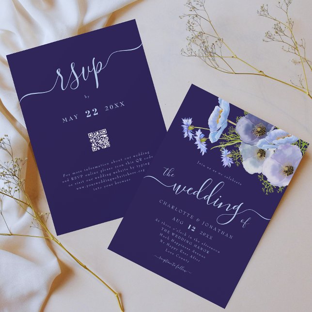 Eleganter Boho-Chic-Blumenhochzeits-QR-Code in Bla Einladung (Boho chic wildflower watercolor floral bouquet blue wedding qr code invitation )
