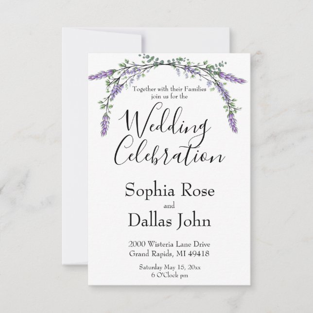 Eleganter boho chic Lavender und Eucalyptus Einladung (Vorderseite)