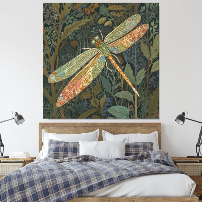 Eleganter Boho-grüner Libelle Leinwanddruck (Insitu (Schlafzimmer))