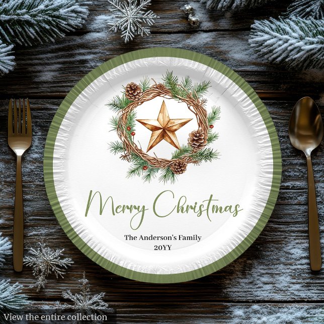 Eleganter Boho skandinavischer gemütlicher Kiefern Pappteller (Elegant Boho Scandinavian Cozy Pine Wreath Holiday Paper Plates )