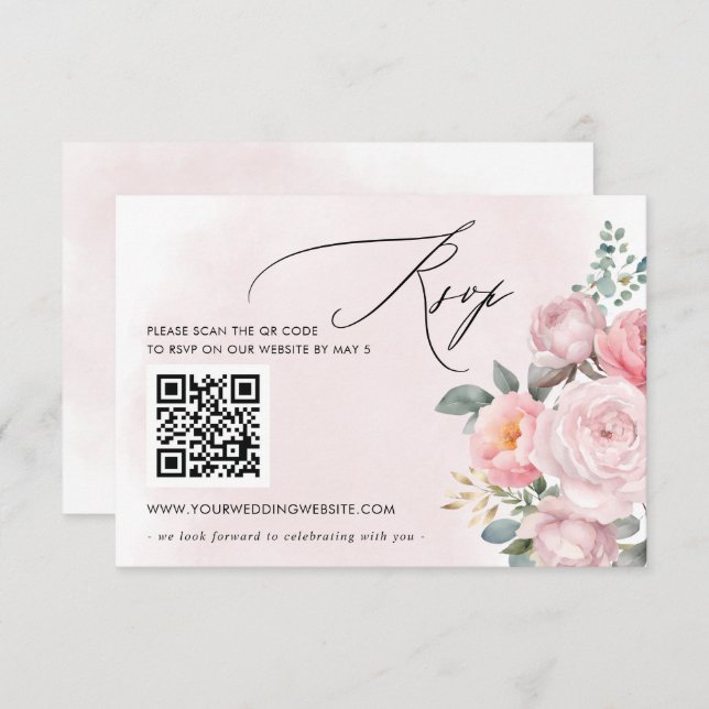 Eleganter Boho Summer Spring Blush Floral QR CODE RSVP Karte (Vorne/Hinten)