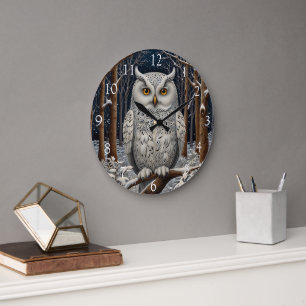Eleganter Boho-Weißer-Uhu-Wald-Winterwald Große Wanduhr