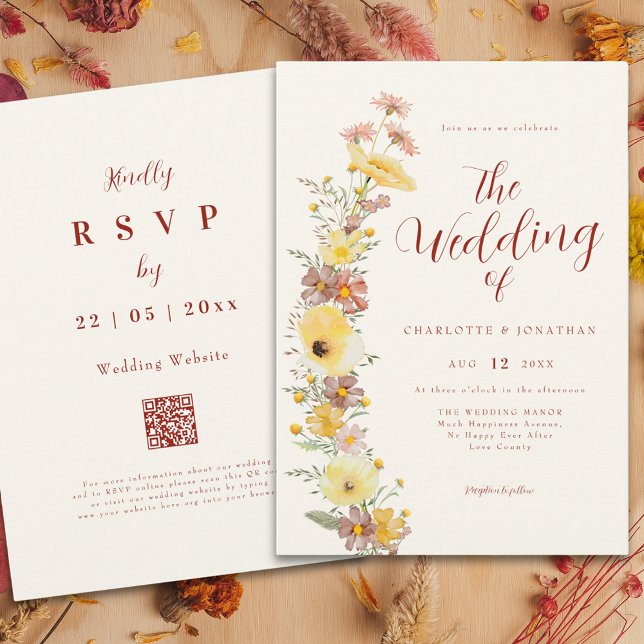 Eleganter Boho Wildflower QR-Code Einladung (Boho chic wildflower fall wedding qr code invitation )