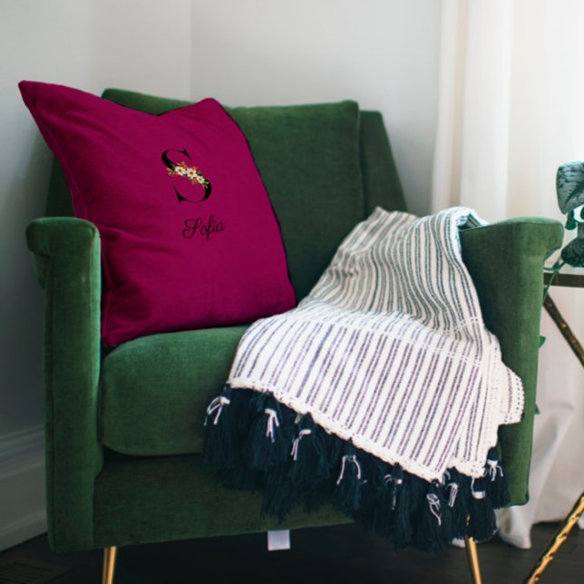 Eleganter Bordeaux-Hibiskus-Monogram-Kissen Kissen (Von Creator hochgeladen)