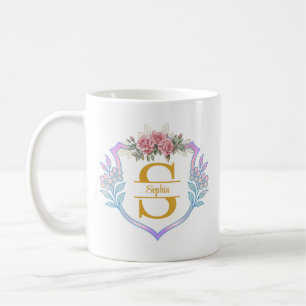 Eleganter botanischer Anfangsbuchstabe und rosa Ro Kaffeetasse