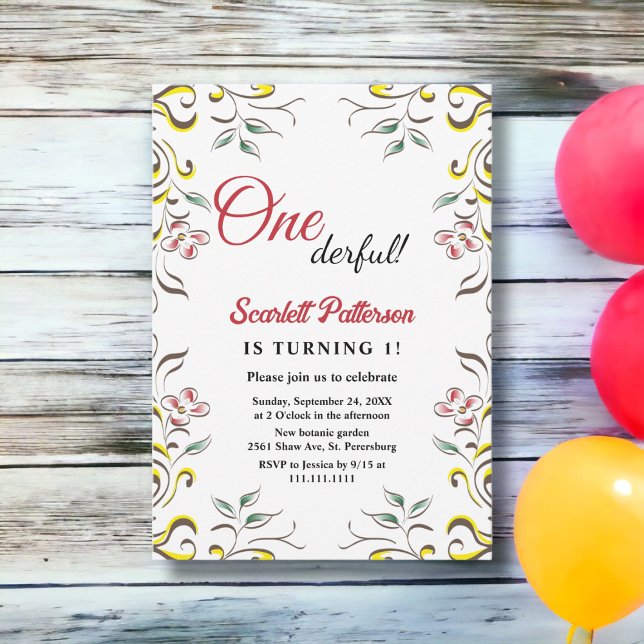 Eleganter botanischer Aquarell Floral 1. Geburtsta Einladung (Von Creator hochgeladen)