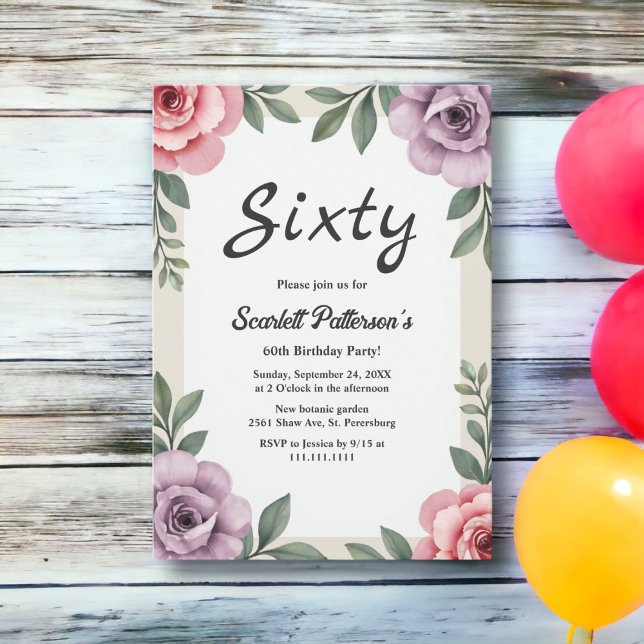 Eleganter Botanischer Aquarellfarben, 60. Geburtst Einladung (Von Creator hochgeladen)