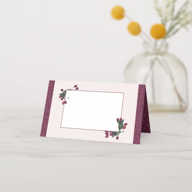 Eleganter botanischer Cranberry Plum Weihnachten Platzkarte (Vorderseite)