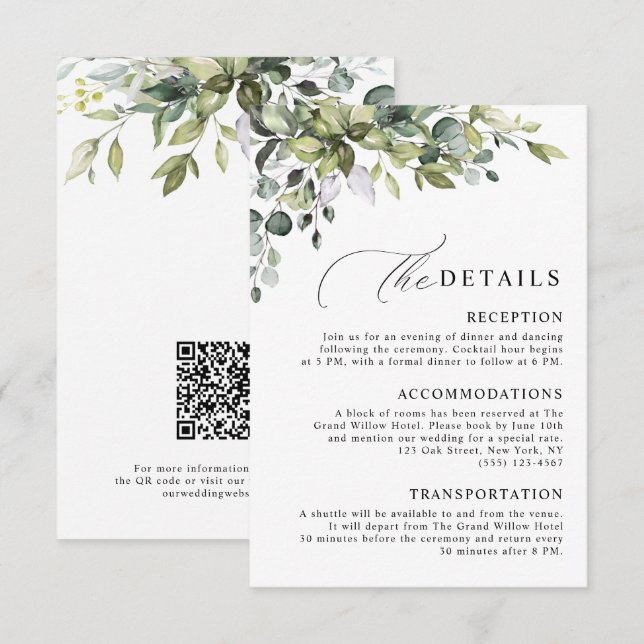 Eleganter Botanischer Eukalyptus QR-Code Hochzeit Begleitkarte (Vorne/Hinten)