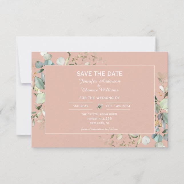 Eleganter botanischer Eukalyptus Tea Rose Save The Date (Vorderseite)