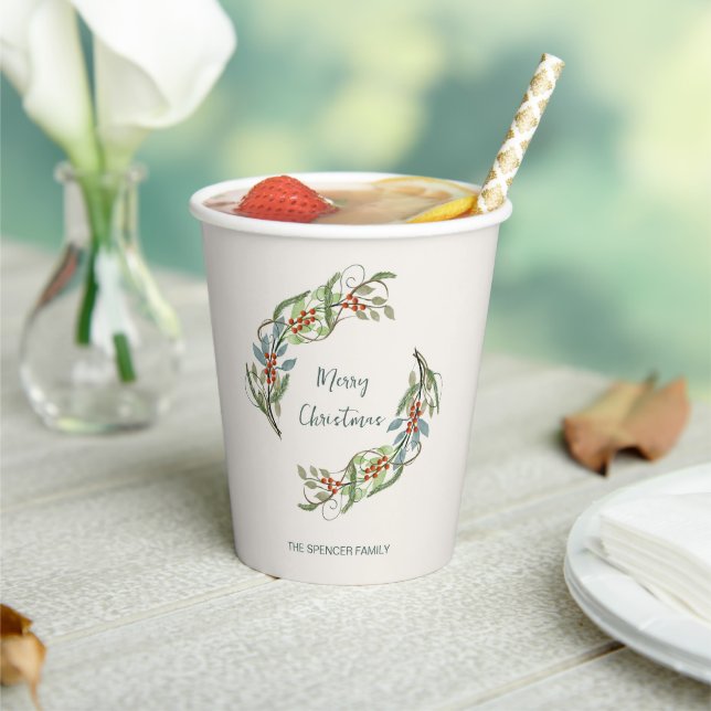 Eleganter botanischer Frohe Weihnachtskranz Pappbecher (In Situ)