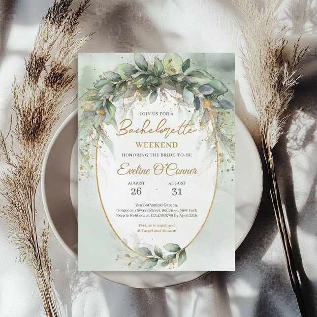 Eleganter botanischer grüner Eukalyptus geometrisc Einladung (Elegant botanical green eucalyptus gold geometric invitation)