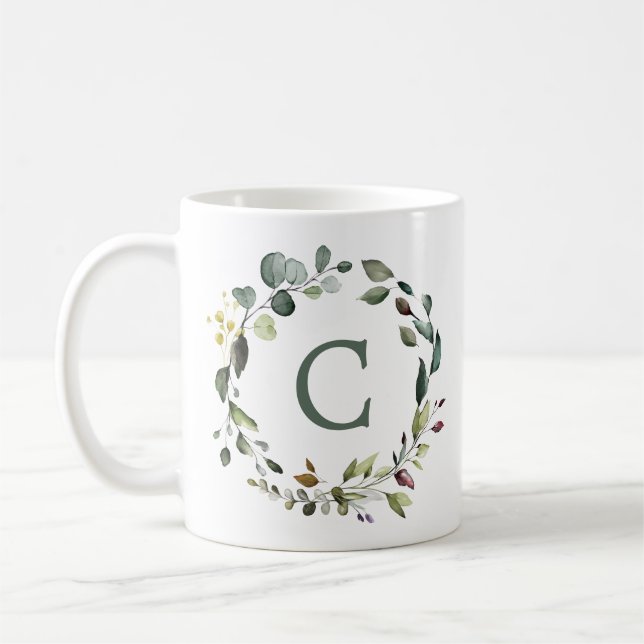 Eleganter botanischer Grünkränze-Monogramm Kaffeetasse (Links)