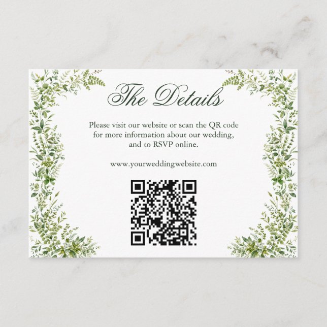 Eleganter Botanischer Hochzeits-Website-QR-Code Begleitkarte (Vorderseite)