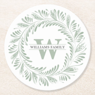 Eleganter botanischer Kranz-Monogramm Runder Pappuntersetzer