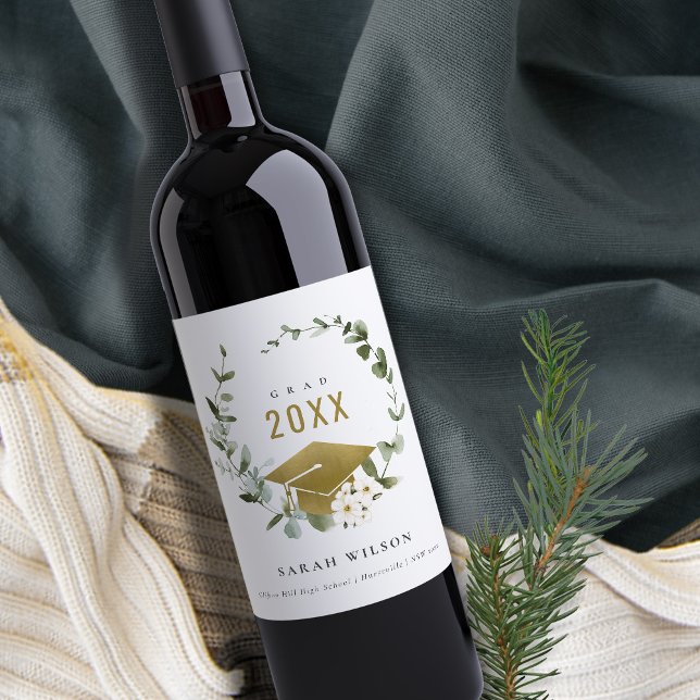 Eleganter botanischer Leafy Wreath Gold Abschluss Weinetikett (Von Creator hochgeladen)