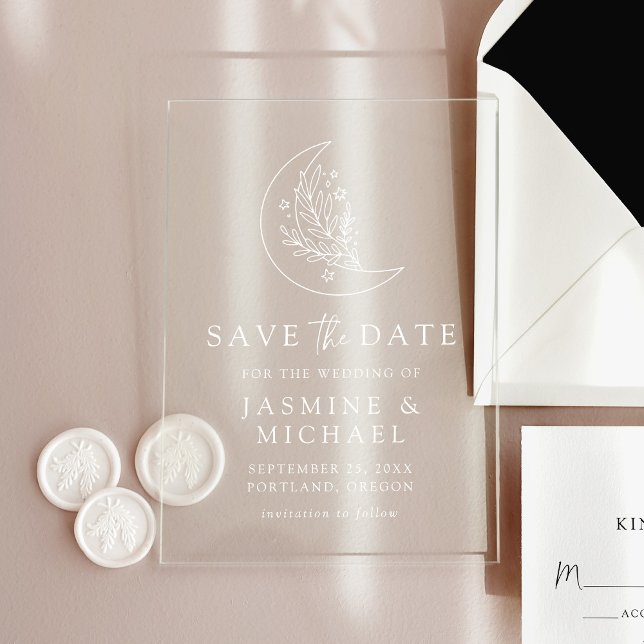 Eleganter botanischer Mond und Sterne Save the Dat Acryleinladungen (Von Creator hochgeladen)