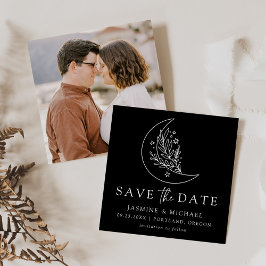 Eleganter botanischer Mond und Sterne Schwarz und  Save The Date