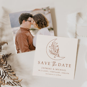 Eleganter botanischer Mond und Sterne Terrakotta Save The Date