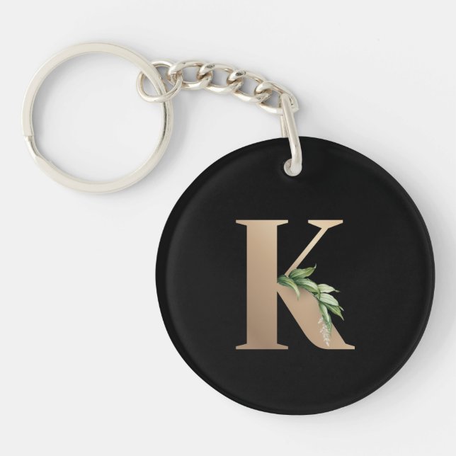 Eleganter Botanischer Monogram Gold Letter K Schlüsselanhänger (Vorderseite)