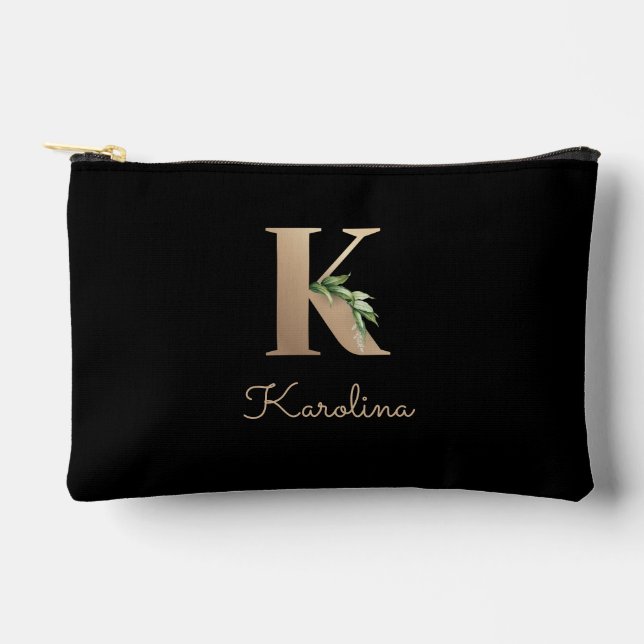 Eleganter Botanischer Monogram Gold Letter K Zubehörtasche (Vorderseite)