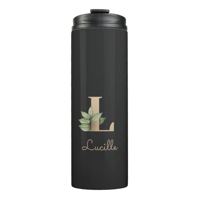 Eleganter Botanischer Monogram Gold Letter L Thermosbecher (Vorderseite)