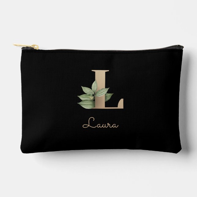 Eleganter Botanischer Monogram Gold Letter L Zubehörtasche (Vorderseite)
