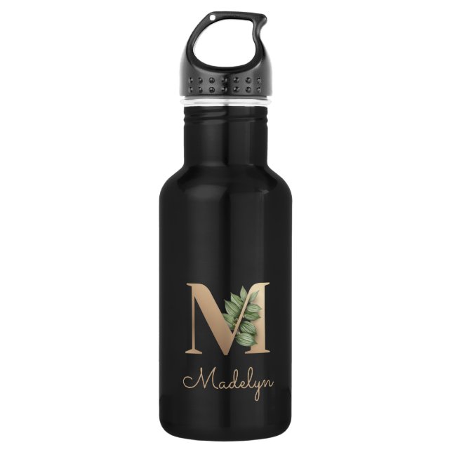 Eleganter Botanischer Monogram Gold Letter M Edelstahlflasche (Vorderseite)