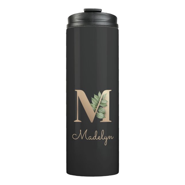 Eleganter Botanischer Monogram Gold Letter M Thermosbecher (Vorderseite)