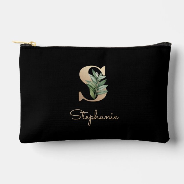 Eleganter Botanischer Monogram Gold Letter S Zubehörtasche (Vorderseite)