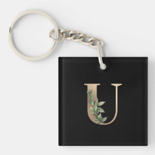 Eleganter Botanischer Monogram Gold Letter U Schlüsselanhänger