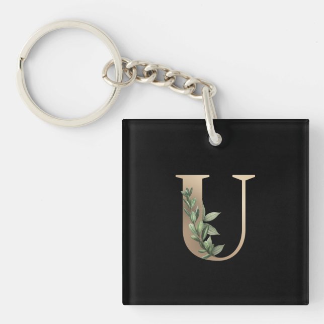 Eleganter Botanischer Monogram Gold Letter U Schlüsselanhänger (Vorderseite)