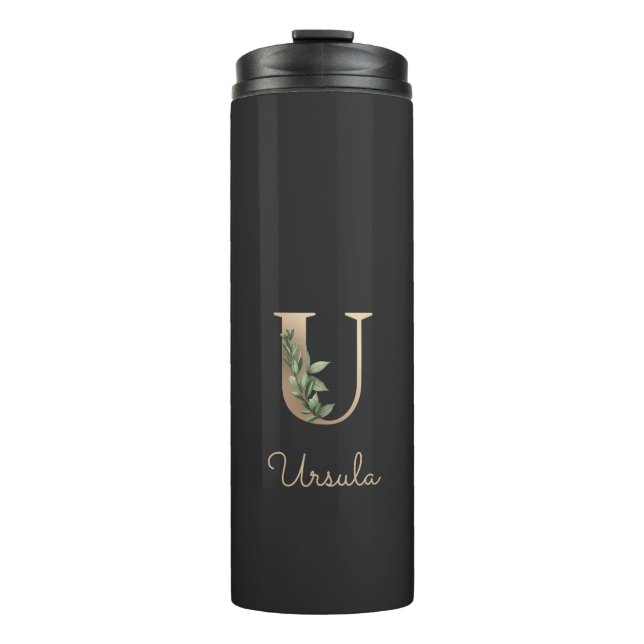 Eleganter Botanischer Monogram Gold Letter U Thermosbecher (Vorderseite)