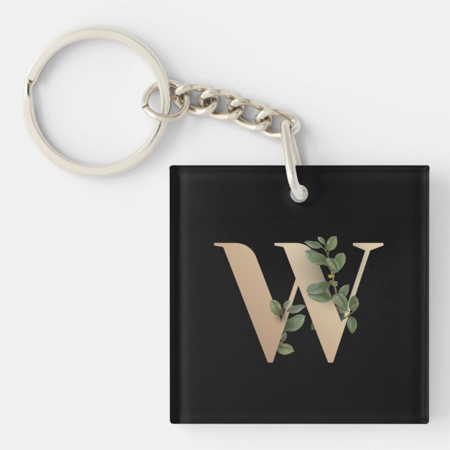 Eleganter Botanischer Monogram Gold Letter W Schlüsselanhänger (Vorderseite)