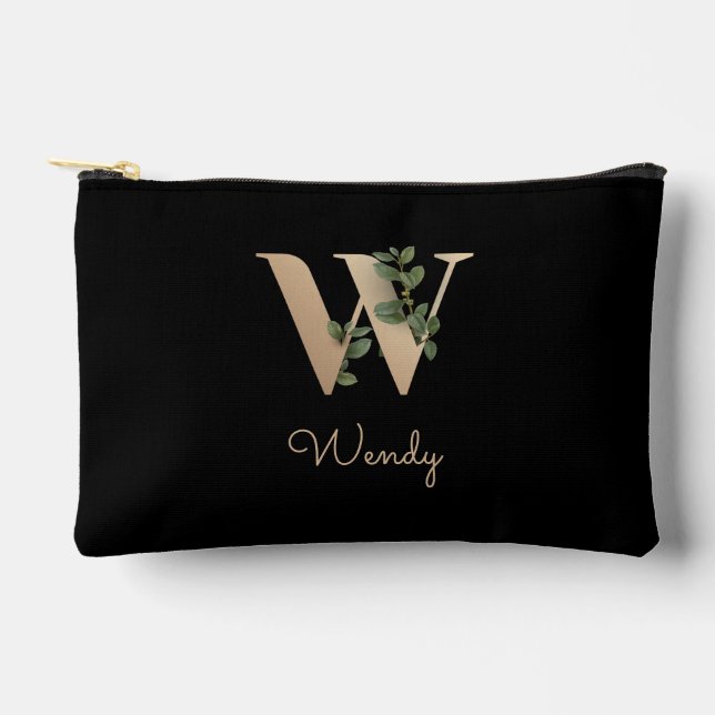 Eleganter Botanischer Monogram Gold Letter W Zubehörtasche (Vorderseite)