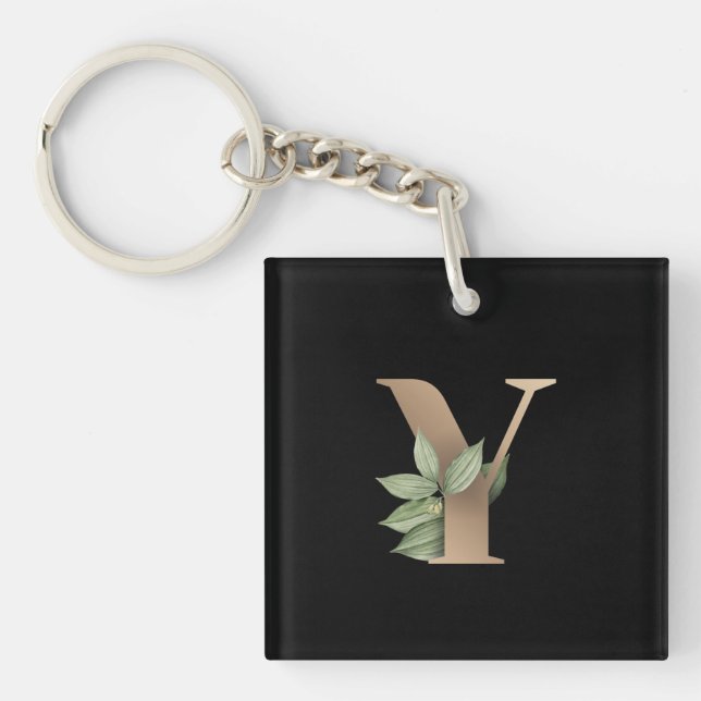 Eleganter Botanischer Monogram Gold Letter Y Schlüsselanhänger (Vorderseite)
