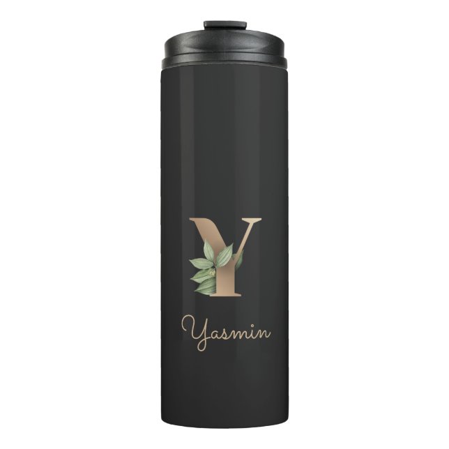 Eleganter Botanischer Monogram Gold Letter Y Thermosbecher (Vorderseite)
