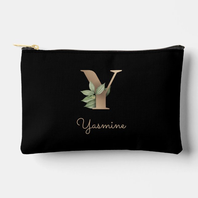 Eleganter Botanischer Monogram Gold Letter Y Zubehörtasche (Vorderseite)