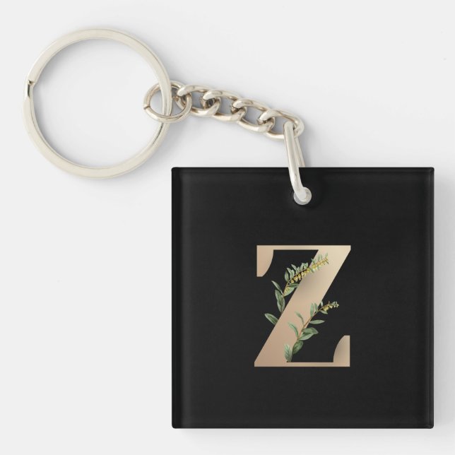 Eleganter Botanischer Monogram Gold Letter Z Schlüsselanhänger (Vorderseite)
