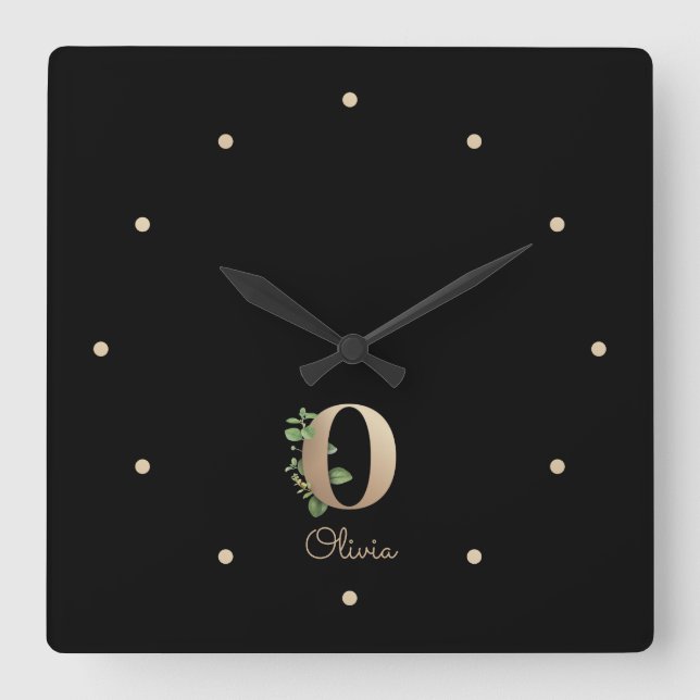 Eleganter Botanischer Monogram Letter O Quadratische Wanduhr (Vorderseite)