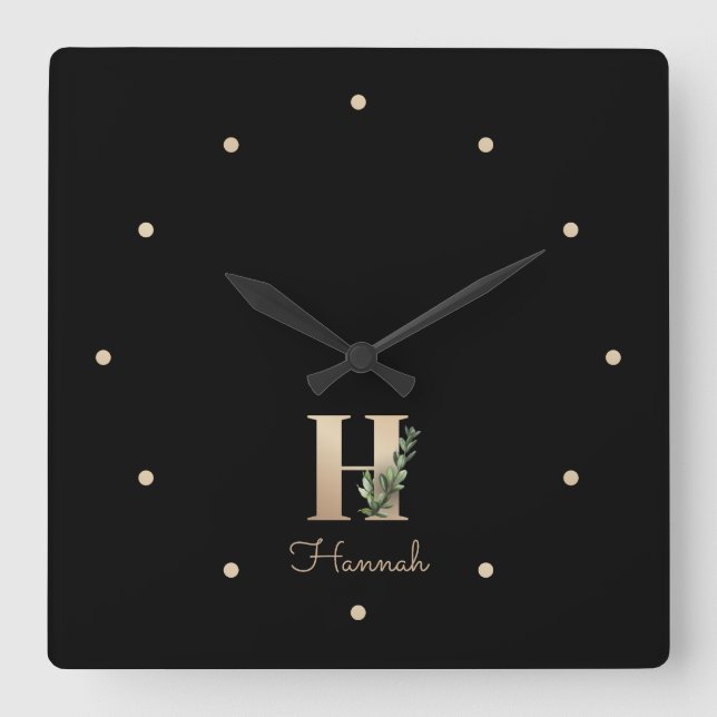 Eleganter Botanischer Monogramm-Brief H Quadratische Wanduhr (Vorderseite)