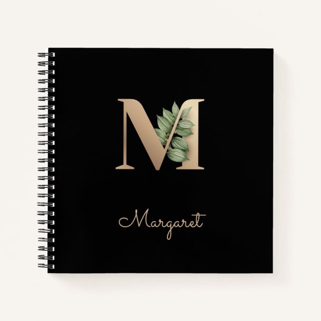 Eleganter Botanischer Monogramm-Brief M Notizbuch (Vorderseite)