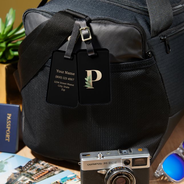 Eleganter Botanischer Monogramm-Goldbrief P Gepäckanhänger (Vorderseite & Rückseite)