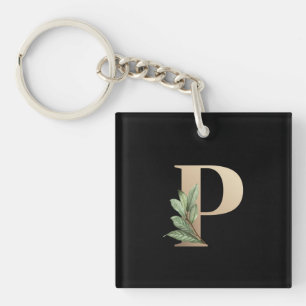 Eleganter Botanischer Monogramm-Goldbrief P Schlüsselanhänger