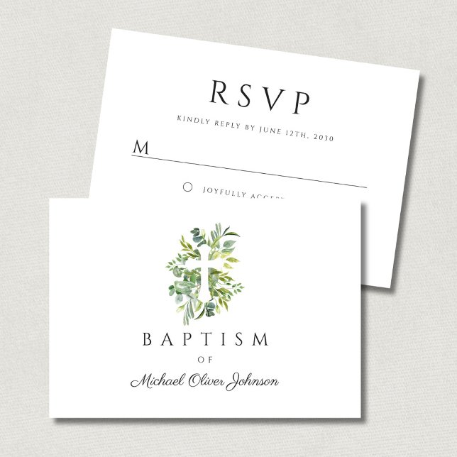 Eleganter Botanischer Religiöser Cross Baptismus RSVP Karte (Elegant Botanical Religious Cross Baptism RSVP Card)